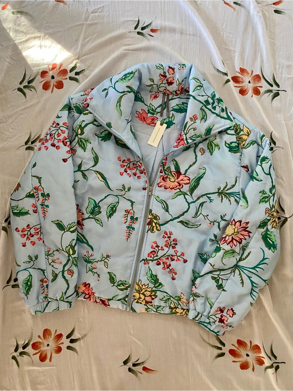 Anthropologie Light Blue Floral Zip-Front Puffer Jacket